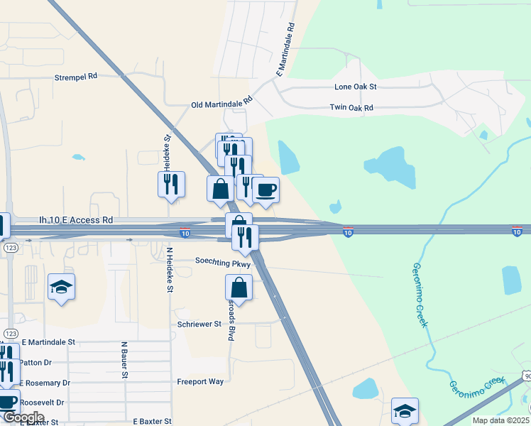 map of restaurants, bars, coffee shops, grocery stores, and more near 2702 Jay Road in Seguin