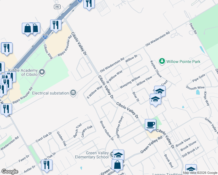 map of restaurants, bars, coffee shops, grocery stores, and more near 116 Bridge Crossing in Cibolo