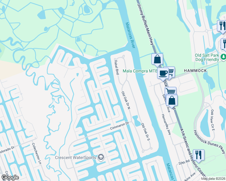 map of restaurants, bars, coffee shops, grocery stores, and more near 19 Cheyenne Court in Palm Coast