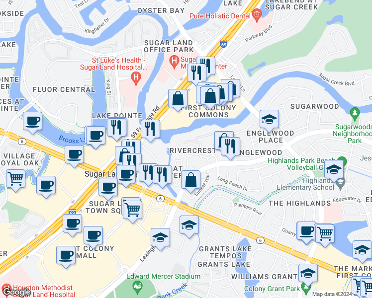 map of restaurants, bars, coffee shops, grocery stores, and more near 2233 Long Reach Drive in Sugar Land