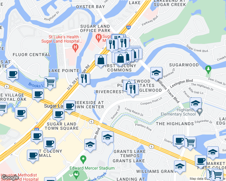 map of restaurants, bars, coffee shops, grocery stores, and more near 2332 Long Reach Drive in Sugar Land