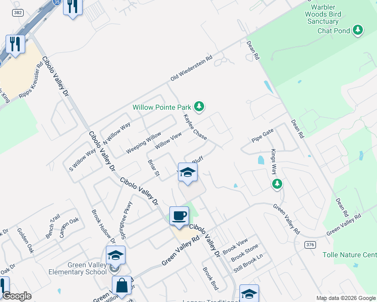 map of restaurants, bars, coffee shops, grocery stores, and more near 113 Bay Willow in Cibolo