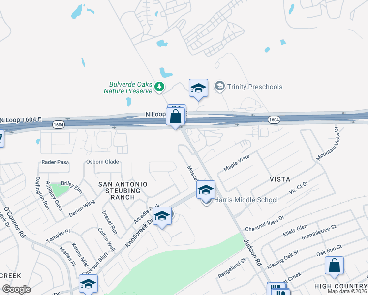 map of restaurants, bars, coffee shops, grocery stores, and more near 17474 Judson Road in San Antonio