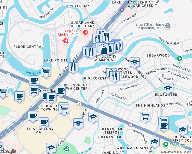 map of restaurants, bars, coffee shops, grocery stores, and more near 2324 Long Reach Drive in Sugar Land