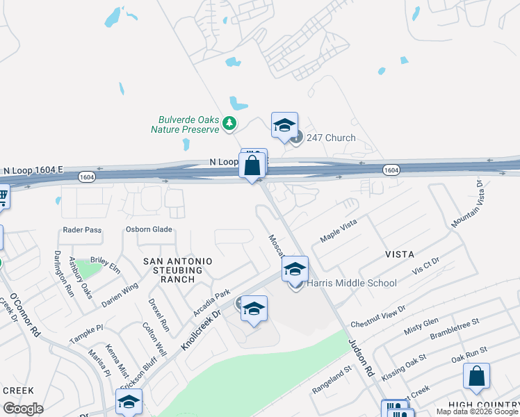 map of restaurants, bars, coffee shops, grocery stores, and more near 17503 Moscato in San Antonio