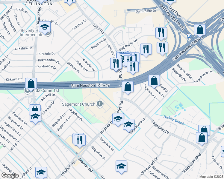 map of restaurants, bars, coffee shops, grocery stores, and more near Sam Houston Tollway in Houston