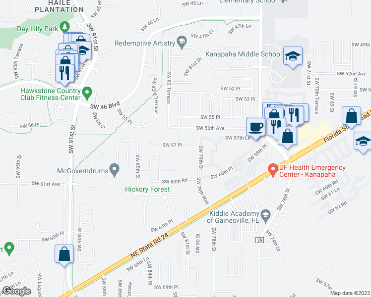 map of restaurants, bars, coffee shops, grocery stores, and more near 8109 Southwest 57th Place in Gainesville