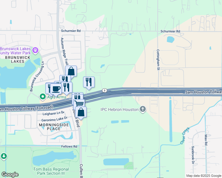 map of restaurants, bars, coffee shops, grocery stores, and more near Texas 8 Beltway in Houston