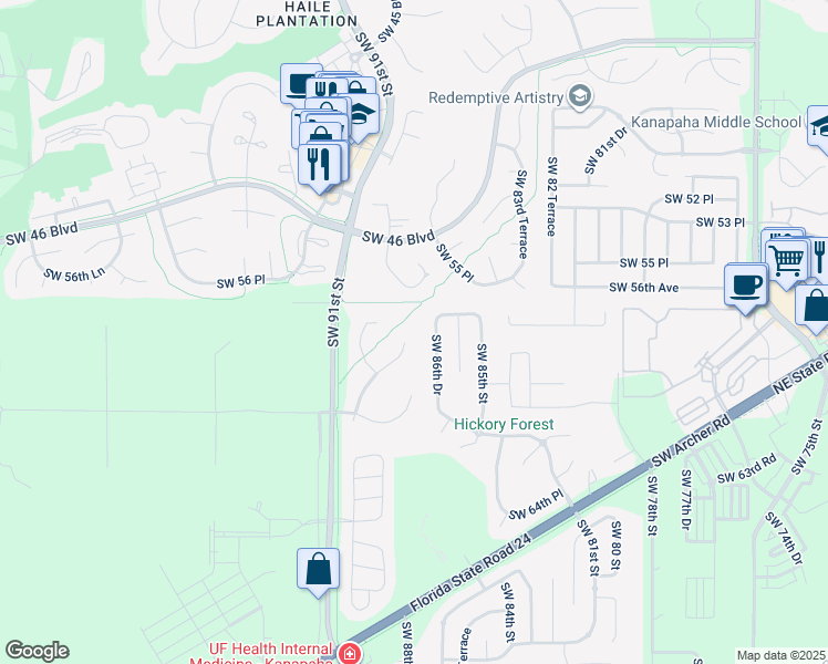 map of restaurants, bars, coffee shops, grocery stores, and more near 5802 Southwest 89th Terrace in Gainesville
