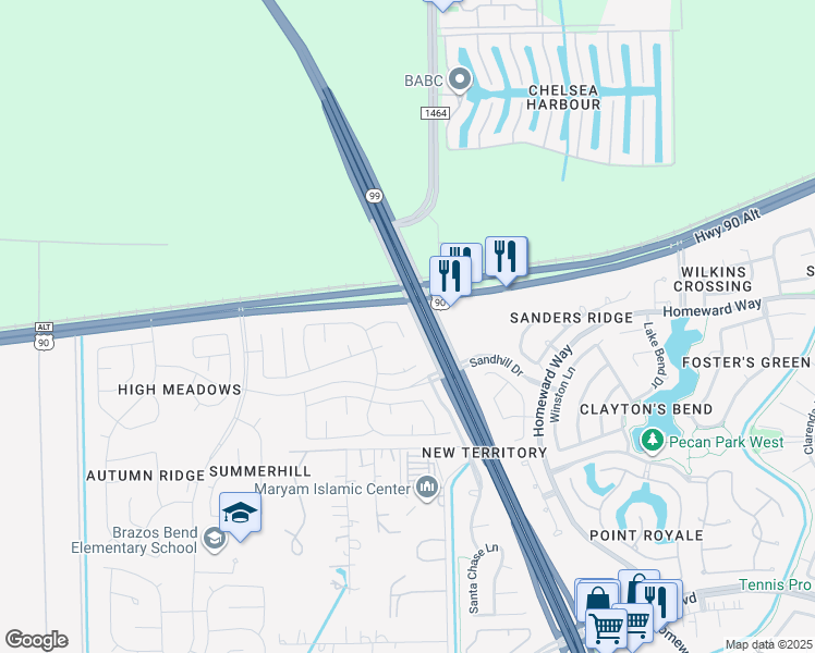 map of restaurants, bars, coffee shops, grocery stores, and more near 4739 Stoney Point Court in Sugar Land
