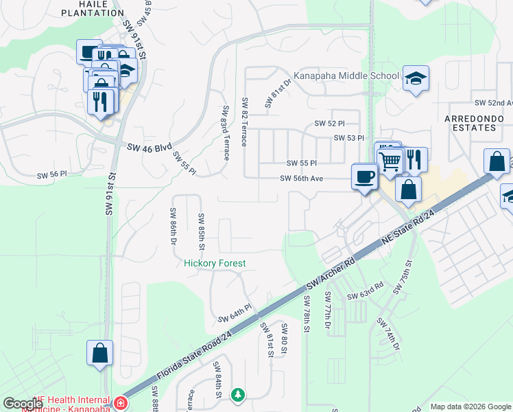 map of restaurants, bars, coffee shops, grocery stores, and more near 8124 Southwest 57 Place in Gainesville
