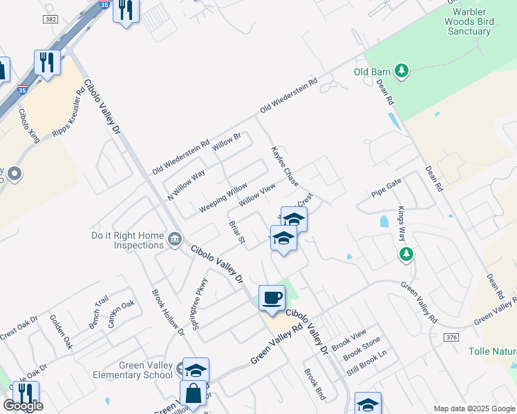 map of restaurants, bars, coffee shops, grocery stores, and more near 104 Cypress Willow in Cibolo