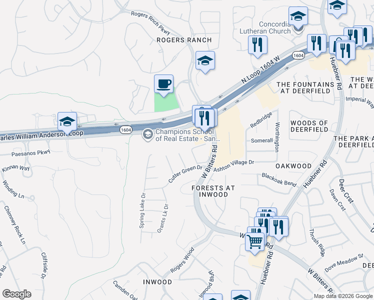 map of restaurants, bars, coffee shops, grocery stores, and more near 13 Lindquist in San Antonio