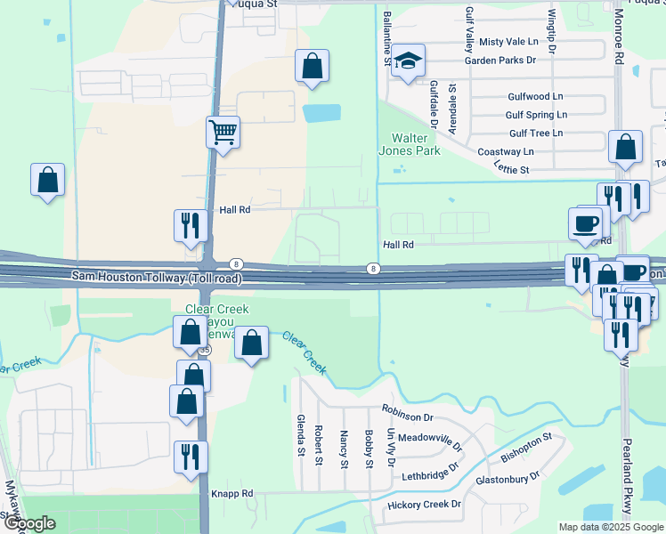 map of restaurants, bars, coffee shops, grocery stores, and more near 7909 South Sam Houston Parkway East in Houston