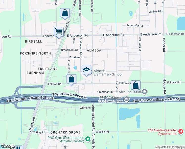 map of restaurants, bars, coffee shops, grocery stores, and more near 14148 Almeda School Road in Houston