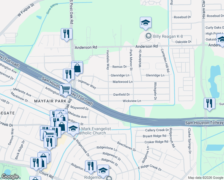 map of restaurants, bars, coffee shops, grocery stores, and more near 5152 Ingomar Way in Houston