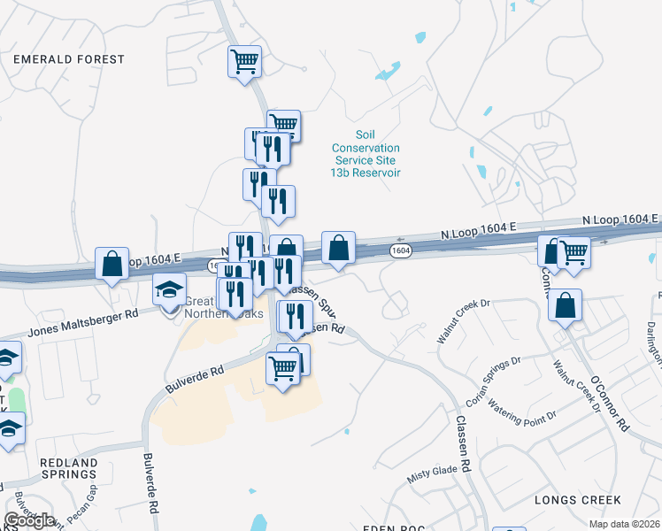 map of restaurants, bars, coffee shops, grocery stores, and more near North Loop 1604 East in San Antonio
