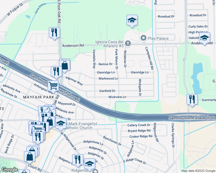 map of restaurants, bars, coffee shops, grocery stores, and more near 5118 Ingomar Way in Houston