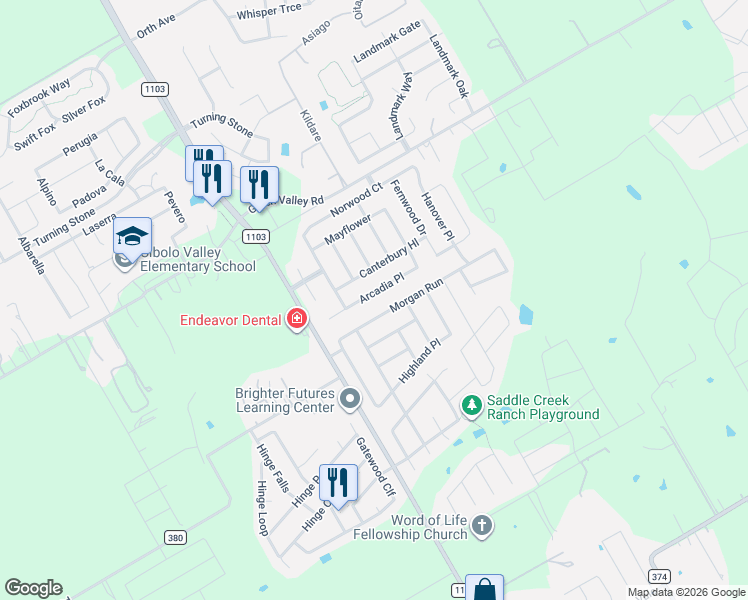 map of restaurants, bars, coffee shops, grocery stores, and more near 238 Arcadia Place in Cibolo