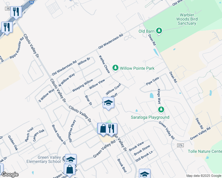 map of restaurants, bars, coffee shops, grocery stores, and more near 224 Willow Crest in Cibolo