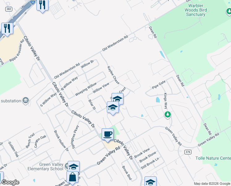map of restaurants, bars, coffee shops, grocery stores, and more near 113 Bay Willow in Cibolo