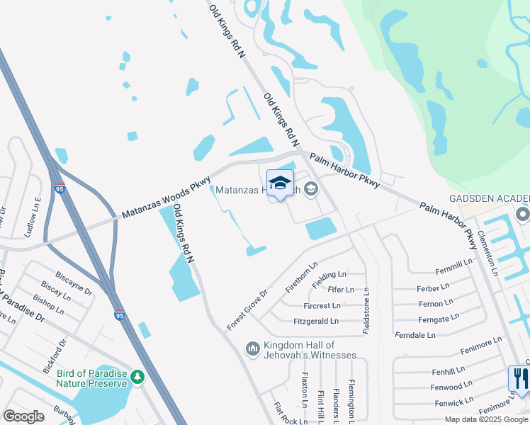 map of restaurants, bars, coffee shops, grocery stores, and more near 3535 Old Kings Road North in Palm Coast