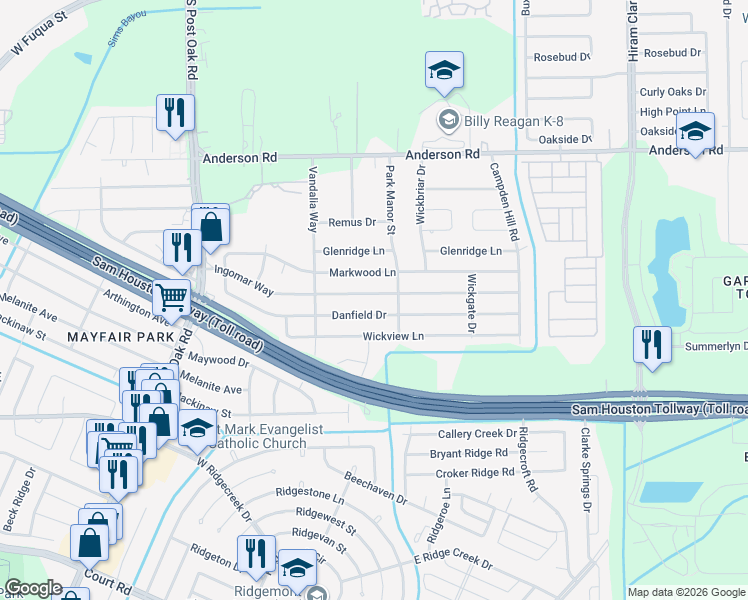 map of restaurants, bars, coffee shops, grocery stores, and more near 5118 Ingomar Way in Houston