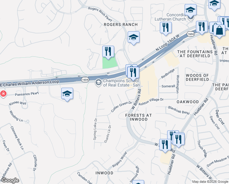 map of restaurants, bars, coffee shops, grocery stores, and more near 2802 North Loop 1604 West in San Antonio