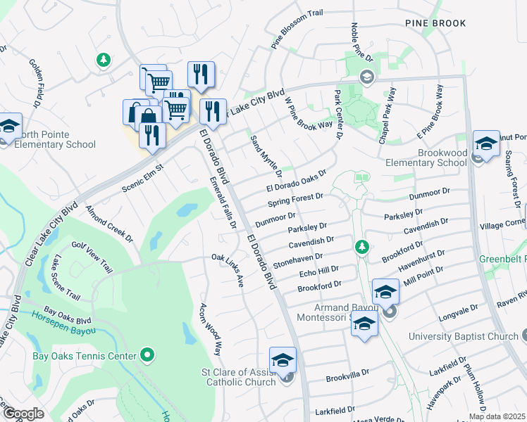 map of restaurants, bars, coffee shops, grocery stores, and more near 15719 Spring Forest Drive in Houston
