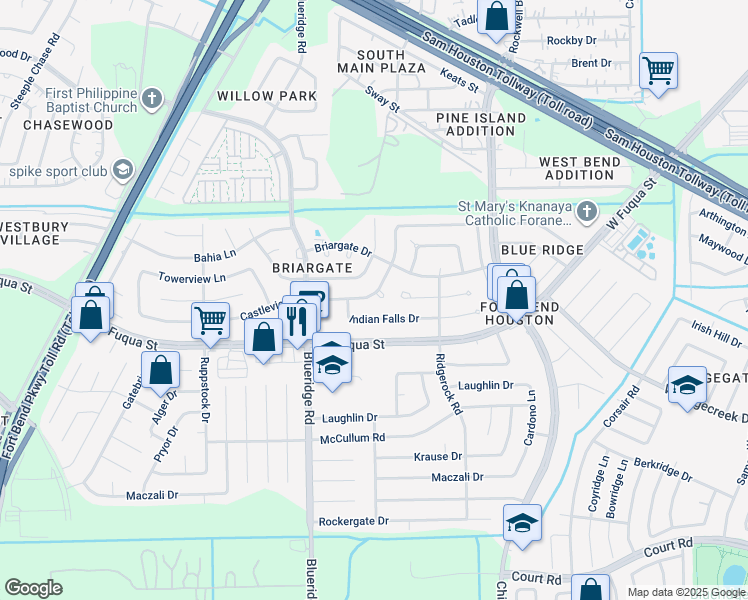 map of restaurants, bars, coffee shops, grocery stores, and more near 6902 Castleview Lane in Missouri City