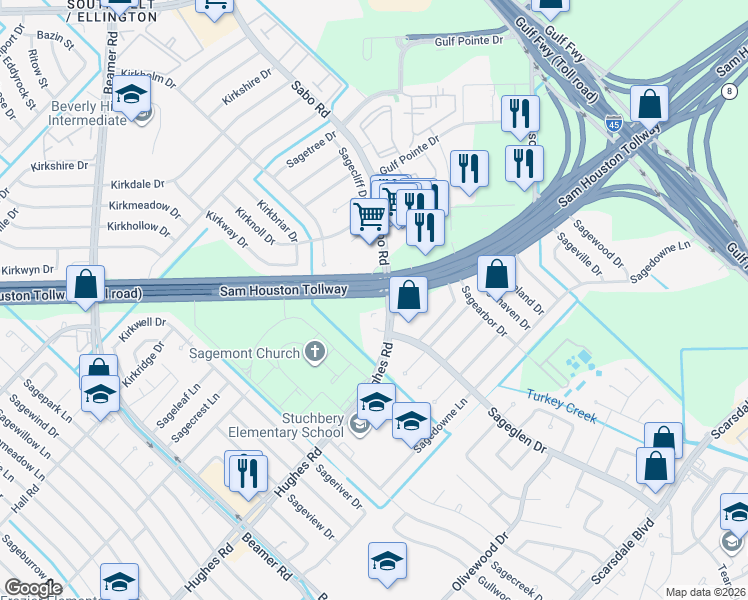 map of restaurants, bars, coffee shops, grocery stores, and more near Sam Houston Tollway in Houston