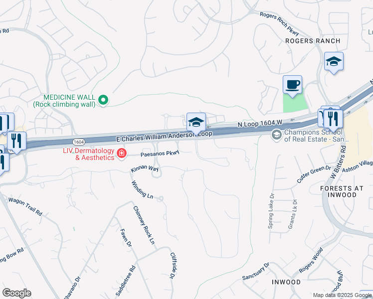 map of restaurants, bars, coffee shops, grocery stores, and more near 3406 North Loop 1604 West in Shavano Park