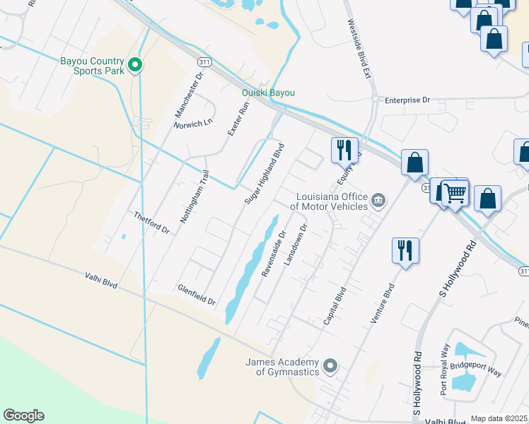map of restaurants, bars, coffee shops, grocery stores, and more near Sugarwood Boulevard in Houma