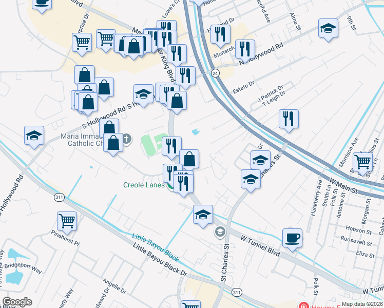 map of restaurants, bars, coffee shops, grocery stores, and more near 1368 West Tunnel Boulevard in Houma