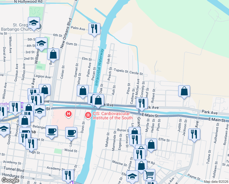 map of restaurants, bars, coffee shops, grocery stores, and more near 304 Ash Street in Houma