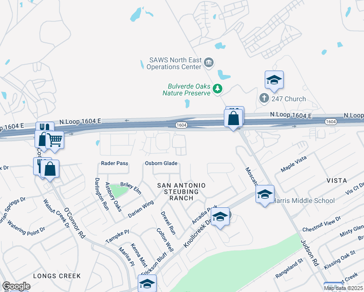 map of restaurants, bars, coffee shops, grocery stores, and more near 5030 North Loop 1604 East in San Antonio