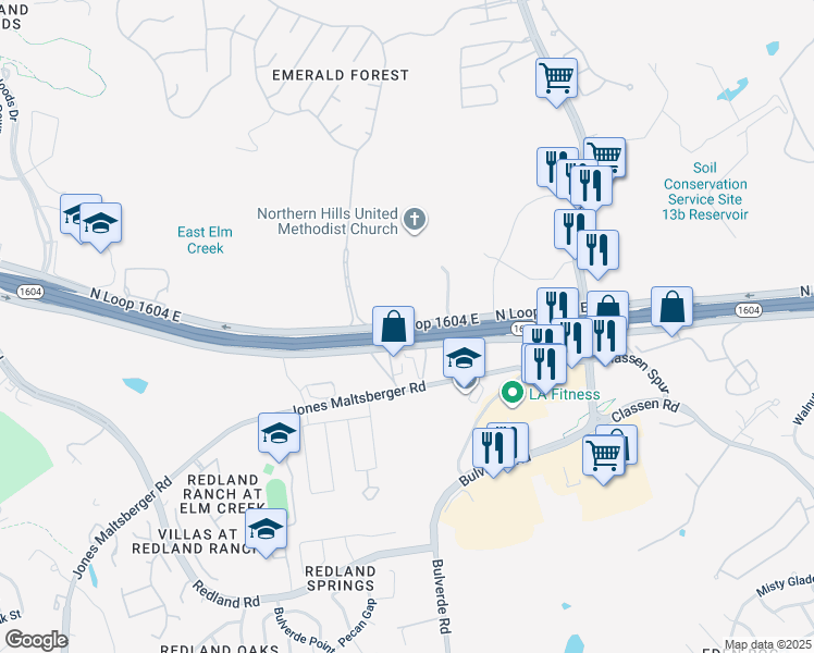 map of restaurants, bars, coffee shops, grocery stores, and more near 3607 Texas 1604 Access Road in San Antonio