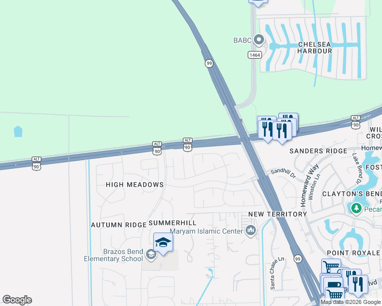 map of restaurants, bars, coffee shops, grocery stores, and more near 107 Chandler Court in Sugar Land