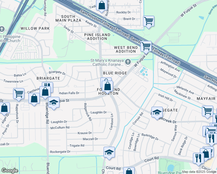 map of restaurants, bars, coffee shops, grocery stores, and more near 15630 Rose Ridge Court in Missouri City