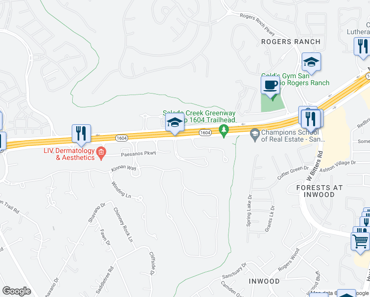 map of restaurants, bars, coffee shops, grocery stores, and more near 3220 North Loop 1604 West in Shavano Park