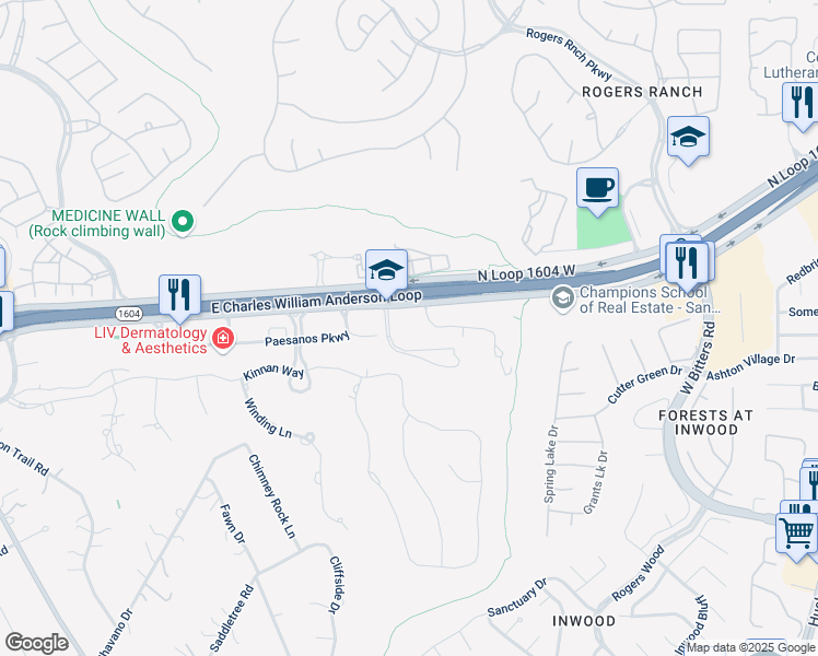 map of restaurants, bars, coffee shops, grocery stores, and more near 3220 North Loop 1604 West in Shavano Park