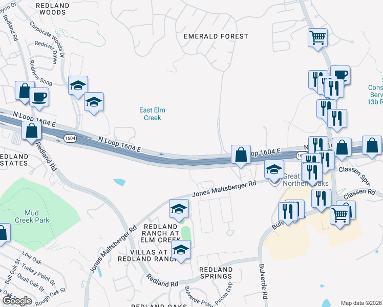 map of restaurants, bars, coffee shops, grocery stores, and more near 3427-C Texas 1604 Access Road in San Antonio