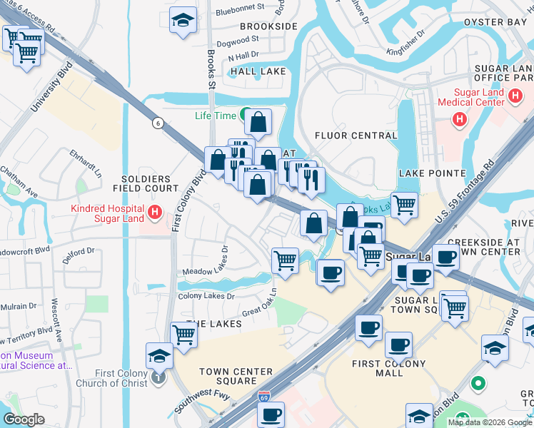 map of restaurants, bars, coffee shops, grocery stores, and more near 1525 Highway 6 in Sugar Land