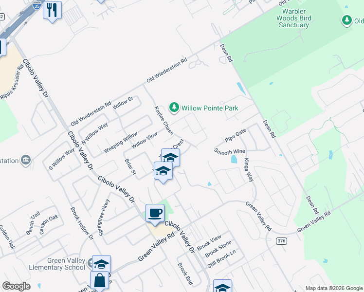 map of restaurants, bars, coffee shops, grocery stores, and more near 257 Willow Crest in Cibolo