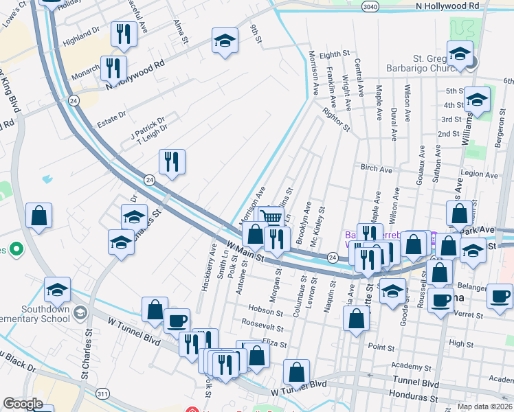 map of restaurants, bars, coffee shops, grocery stores, and more near 115 Morrison Avenue in Houma