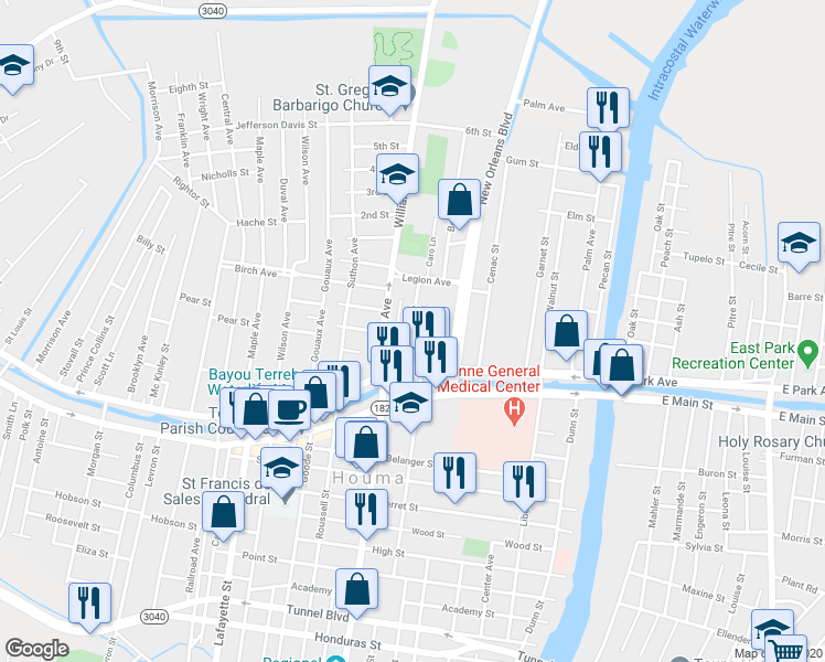 map of restaurants, bars, coffee shops, grocery stores, and more near 298 Ruth Street in Houma