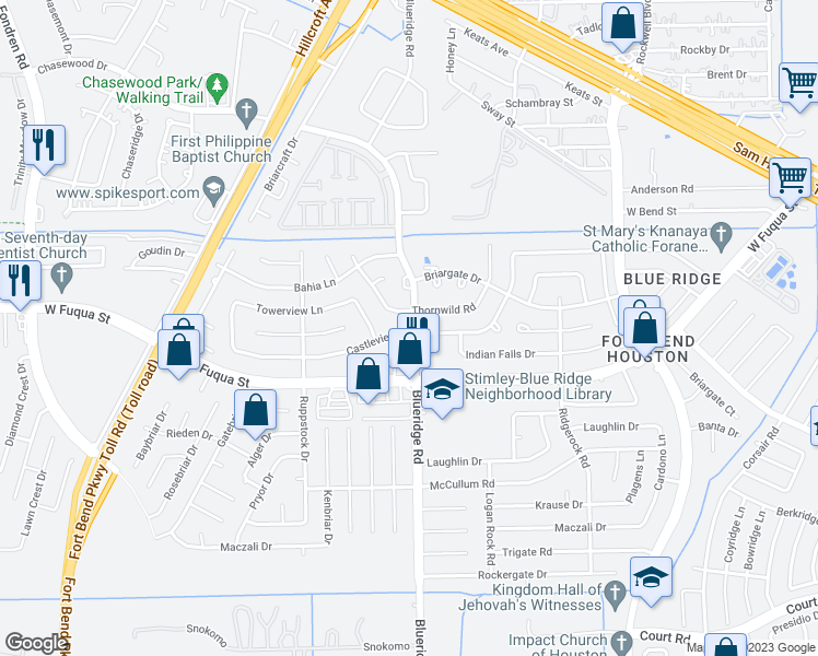 map of restaurants, bars, coffee shops, grocery stores, and more near 7102 Castleview Lane in Missouri City