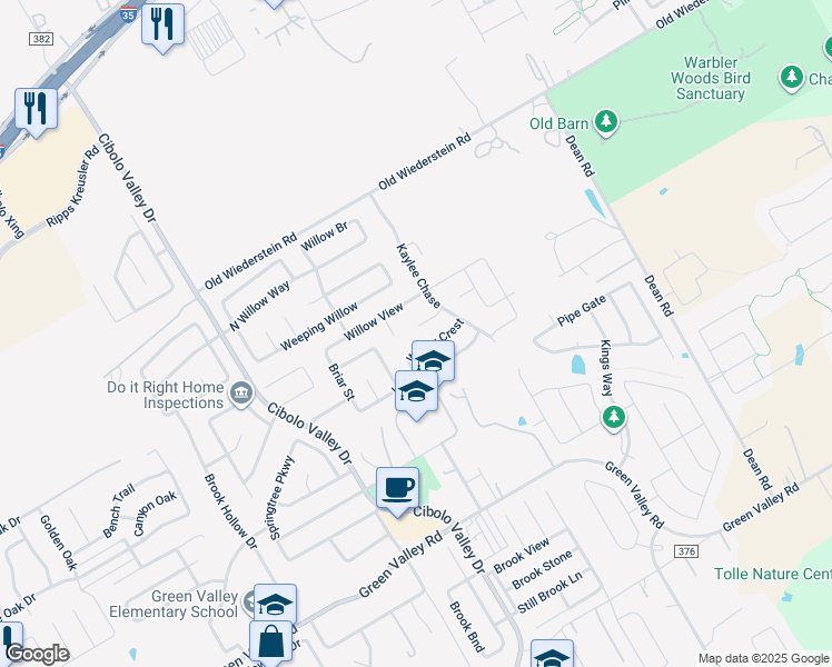 map of restaurants, bars, coffee shops, grocery stores, and more near 113 Bay Willow in Cibolo