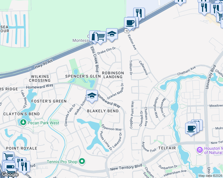 map of restaurants, bars, coffee shops, grocery stores, and more near 6411 Laurel Bush Lane in Sugar Land