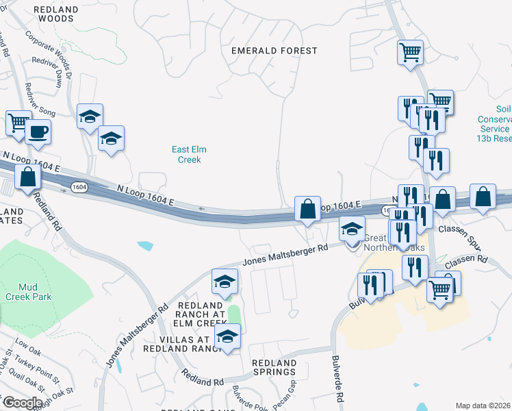 map of restaurants, bars, coffee shops, grocery stores, and more near 3427-C Texas 1604 Access Road in San Antonio